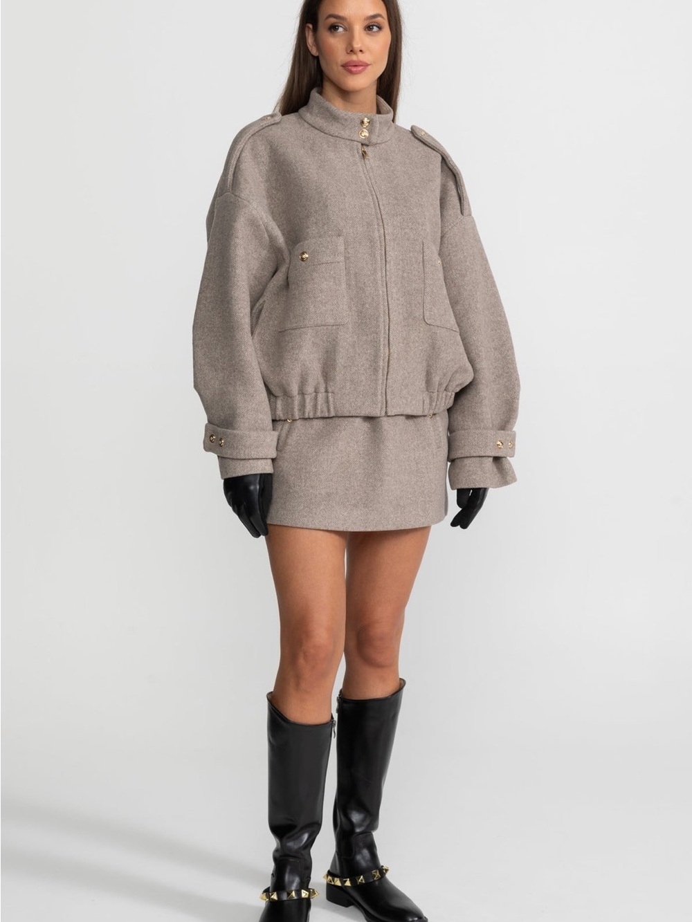 Maddy Paris Structured Wool Bomber Jacket and Mini Skirt Co-Ord Set – Taupe